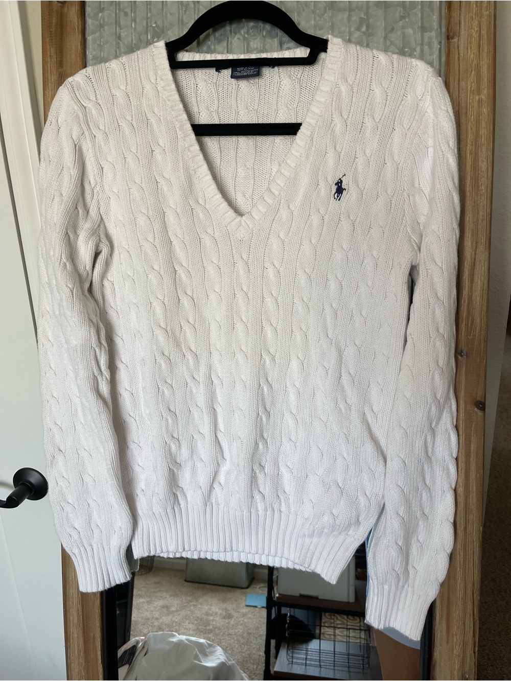 Polo by Ralph Lauren white Cable-Knit V-Neck Sweater with Navy Pony